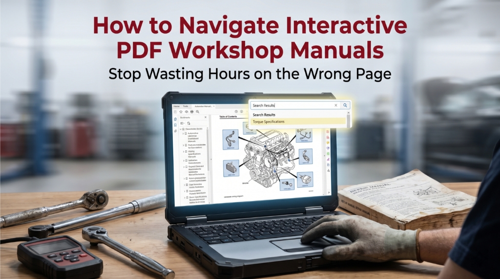 Navigating large interactive PDF workshop manual on laptop