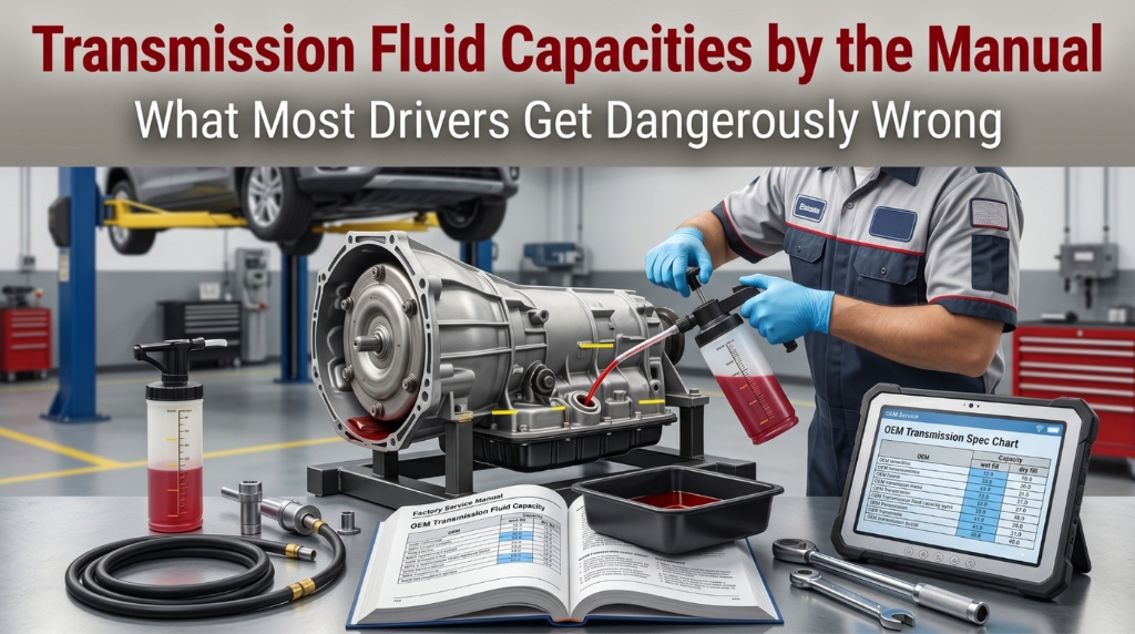 Technician filling transmission fluid using OEM capacity specifications from service manual