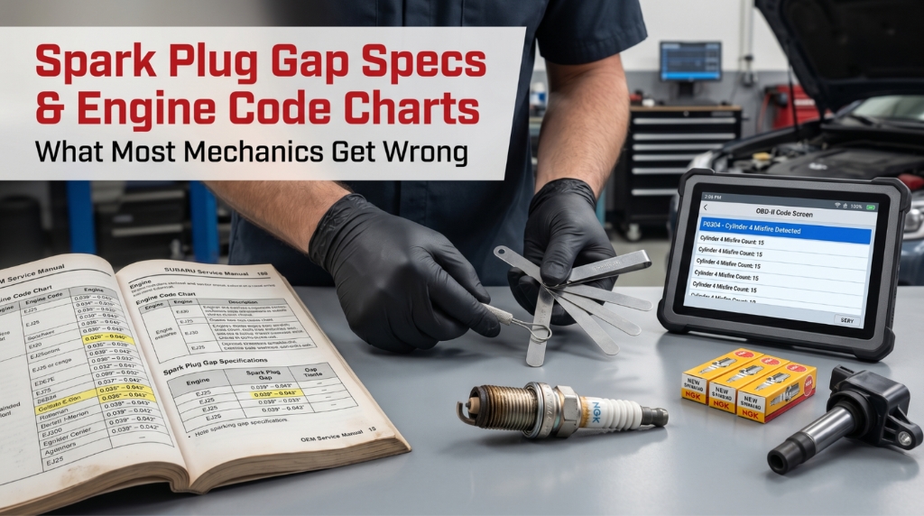 Technician measuring spark plug gap using OEM engine code chart