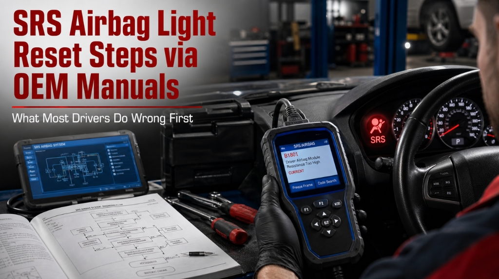Technician resetting SRS airbag light using OEM manual