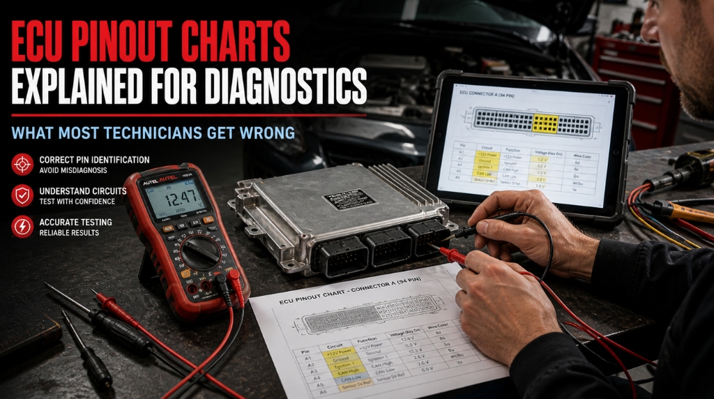 Technician testing ECU connector using pinout chart