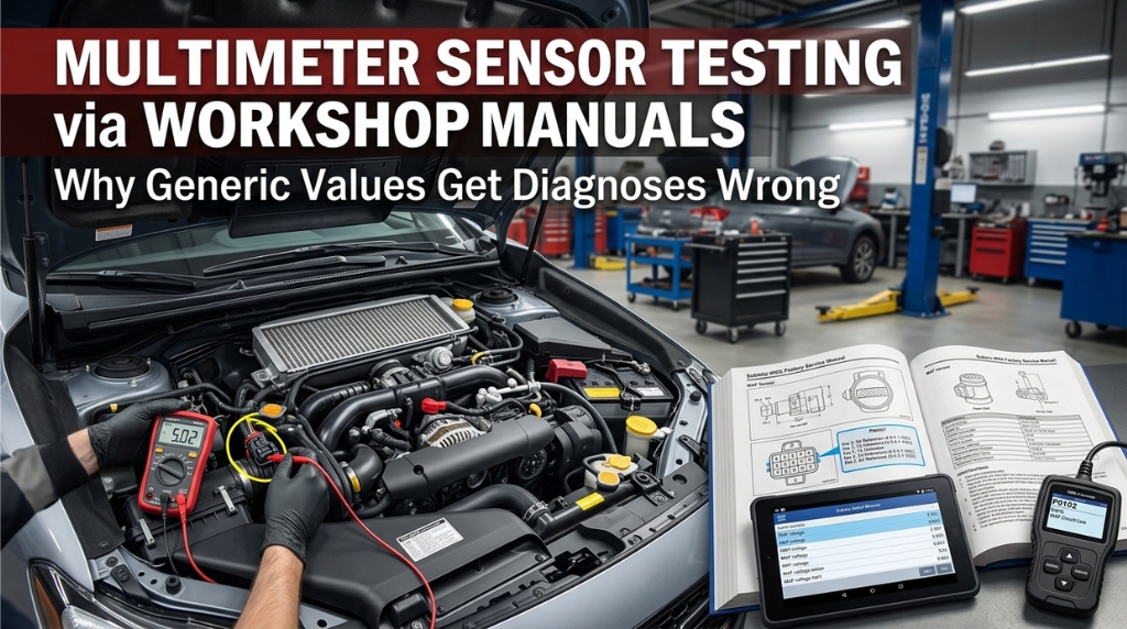 Technician testing engine sensor with multimeter using workshop manual data