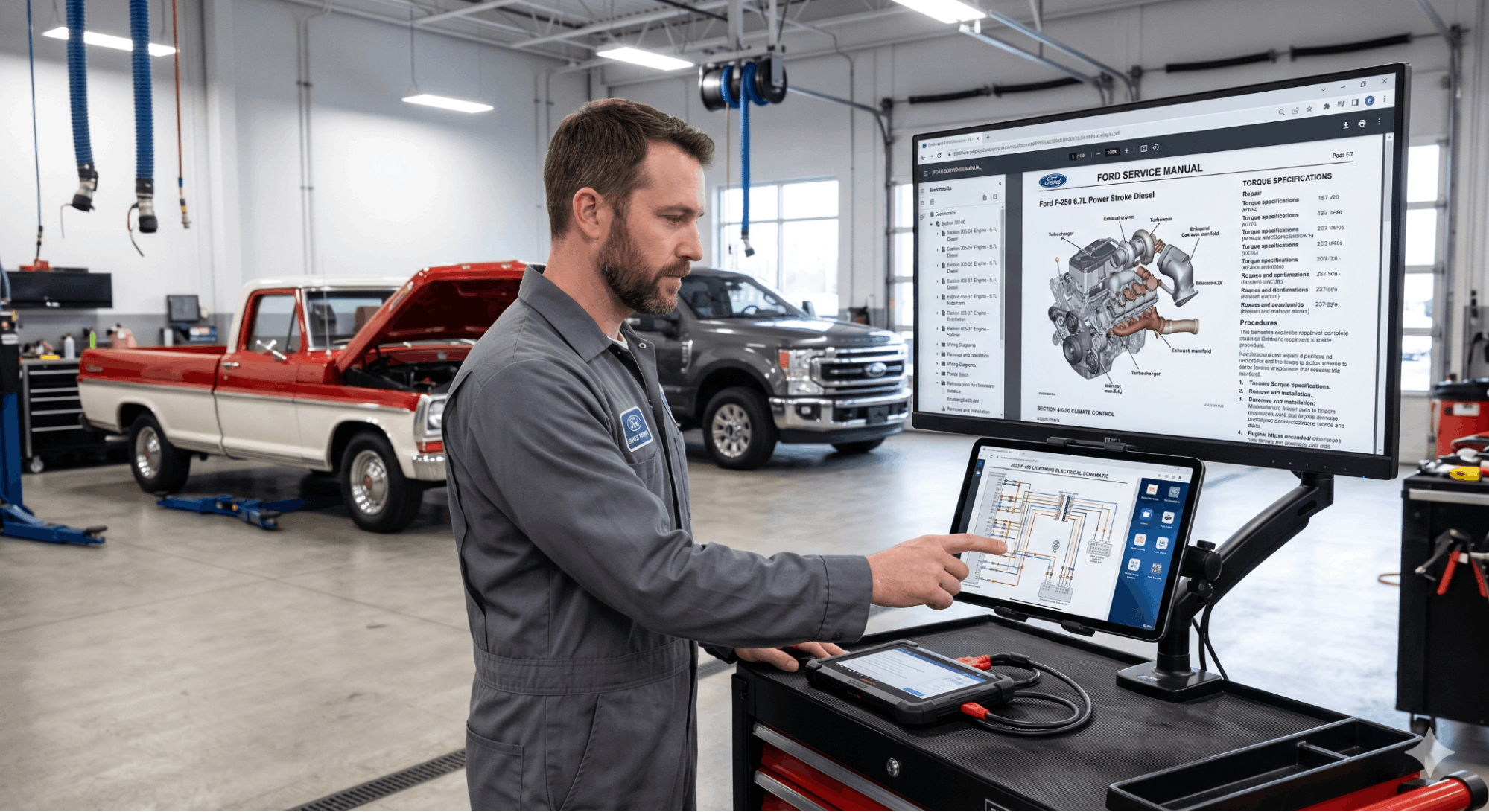 technician accessing Ford truck manuals digitally