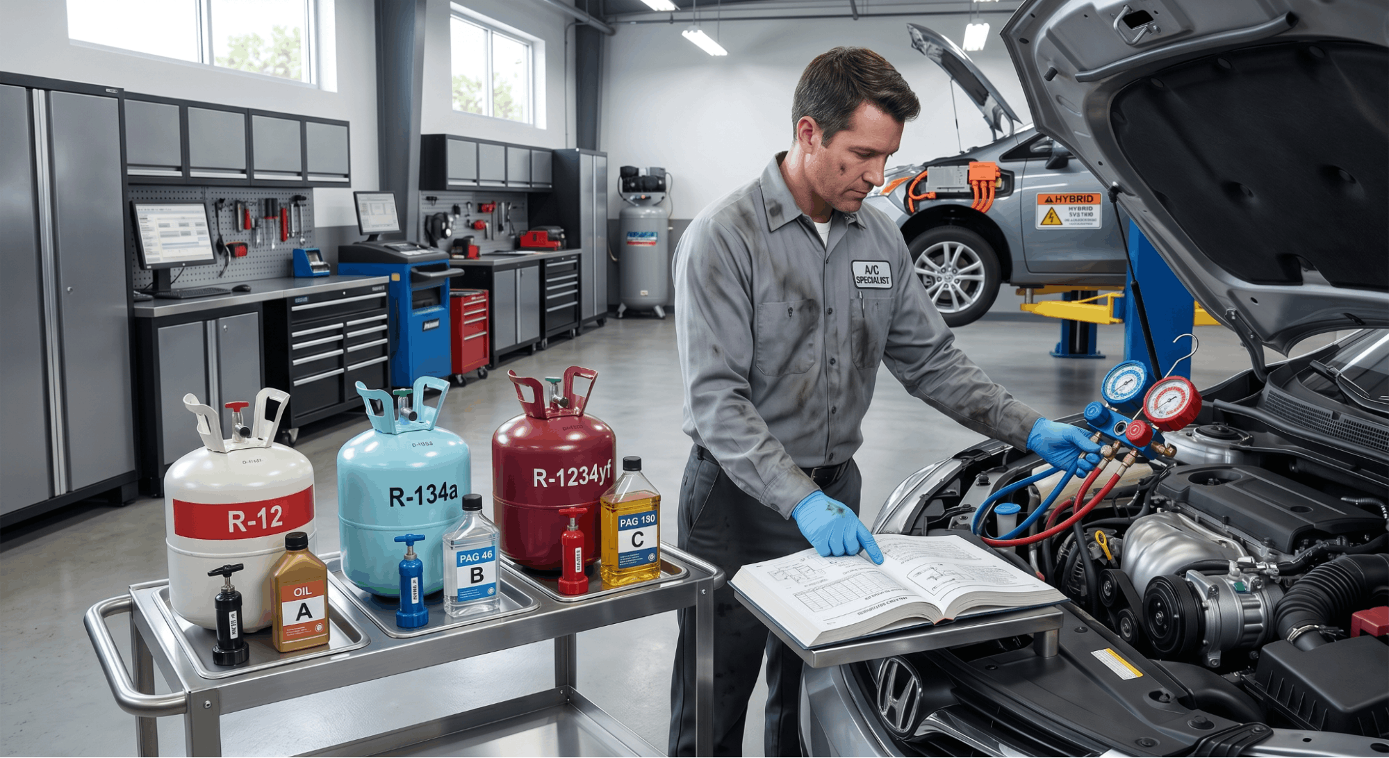 technician comparing refrigerant types and compressor oil compatibility in workshop