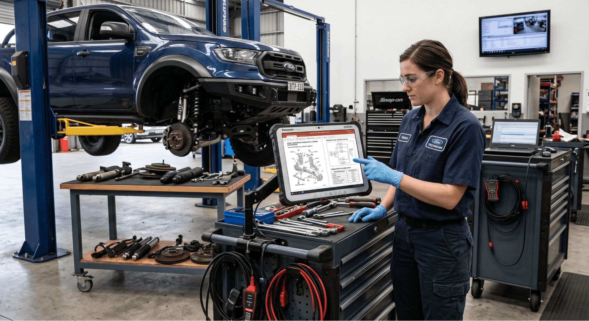technician using digital Ford Ranger service manual