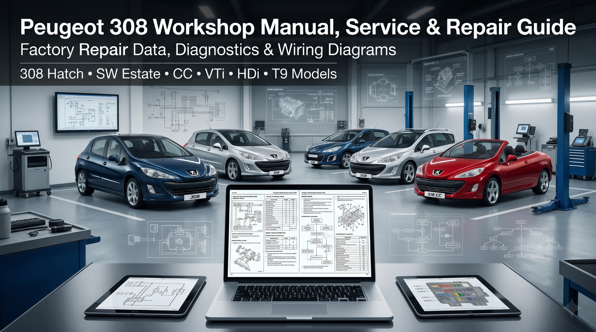 digital Peugeot 308 workshop manual PDF displayed on multiple screens with Peugeot 308 hatchback, SW estate and CC models in professional automotive diagnostic workshop setting