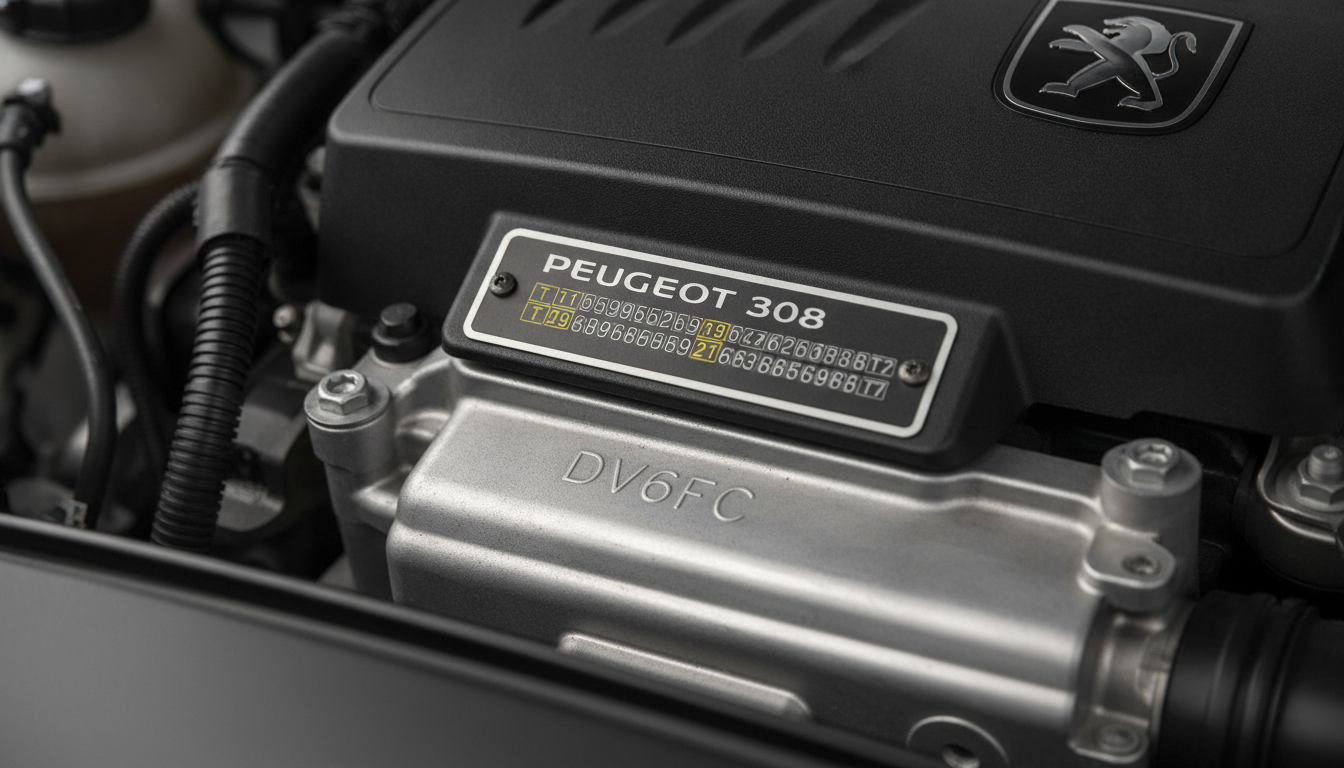 Close-up of Peugeot 308 engine code and VIN plate to identify the correct repair manual for T7 or T9 models.