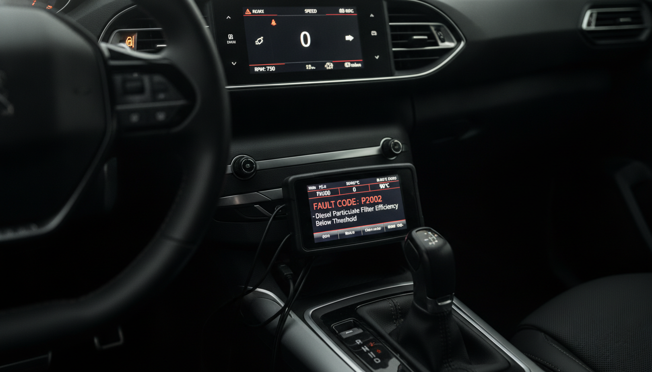 Peugeot 308 diagnostic tool displaying engine fault codes for diesel DPF and EGR troubleshooting.