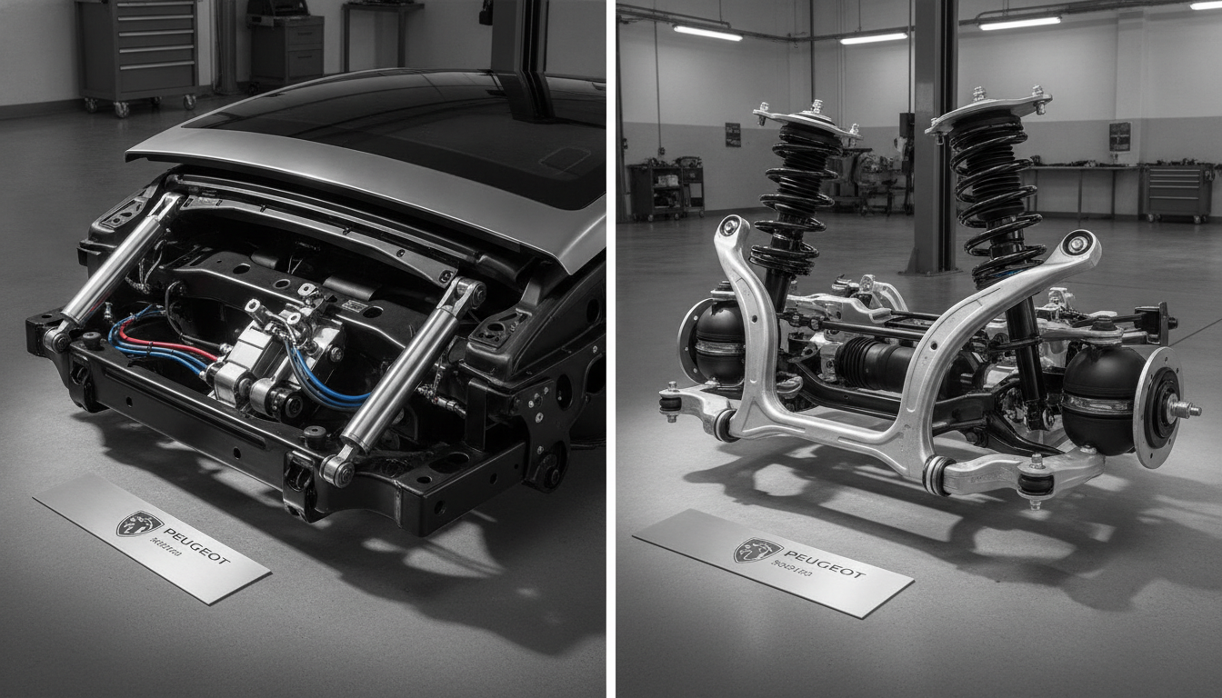 Comparison of Peugeot 308 CC roof mechanisms and 308 SW estate rear suspension systems for model-specific repairs.