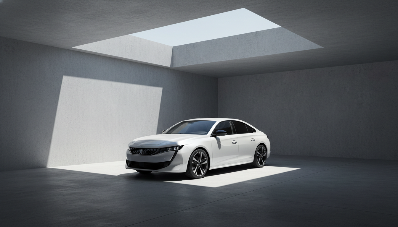 A white Peugeot 508 Fastback in a modern architectural environment.