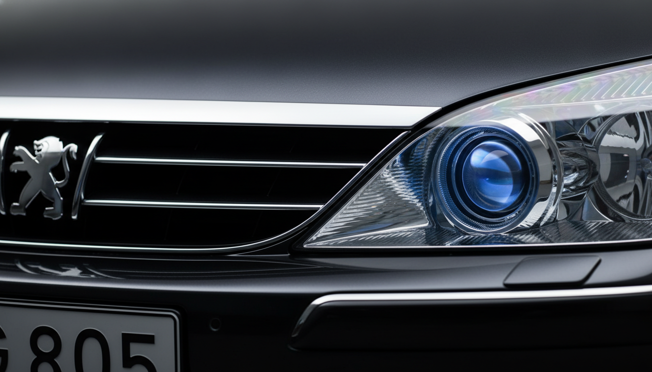 Close-up of a Peugeot 607 executive car front detail.
