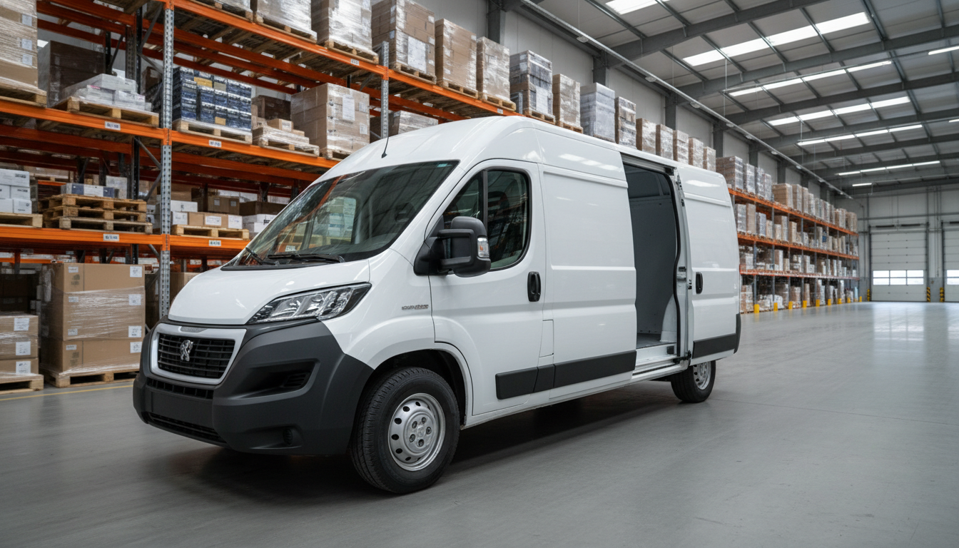 Peugeot Boxer panel van in a warehouse setting.
