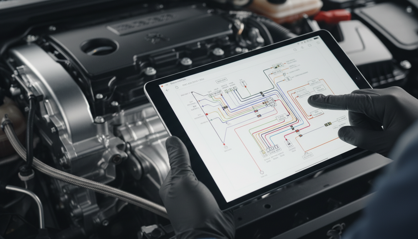 A technician using a tablet to view Peugeot service manual wiring diagrams in a workshop.