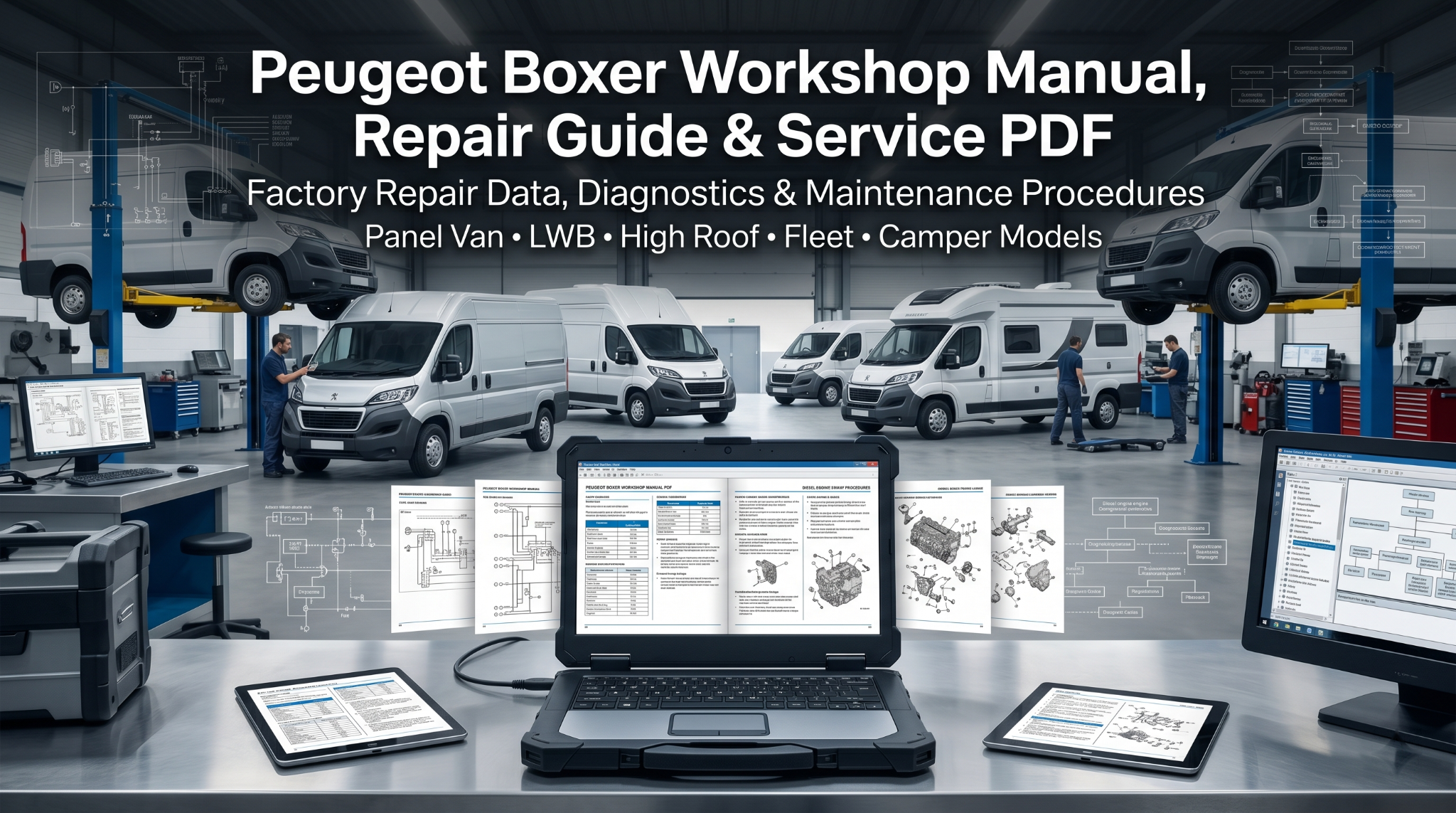digital Peugeot Boxer workshop manual PDF displayed on multiple screens with Peugeot Boxer commercial vans and camper conversion models in professional fleet maintenance workshop setting