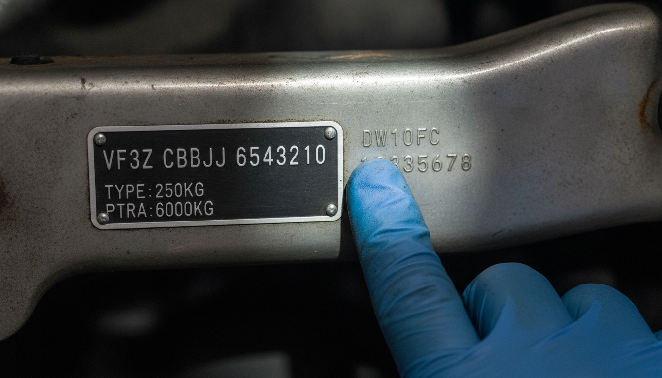 Close-up of a Peugeot Boxer VIN plate and engine code for identifying the correct repair manual.