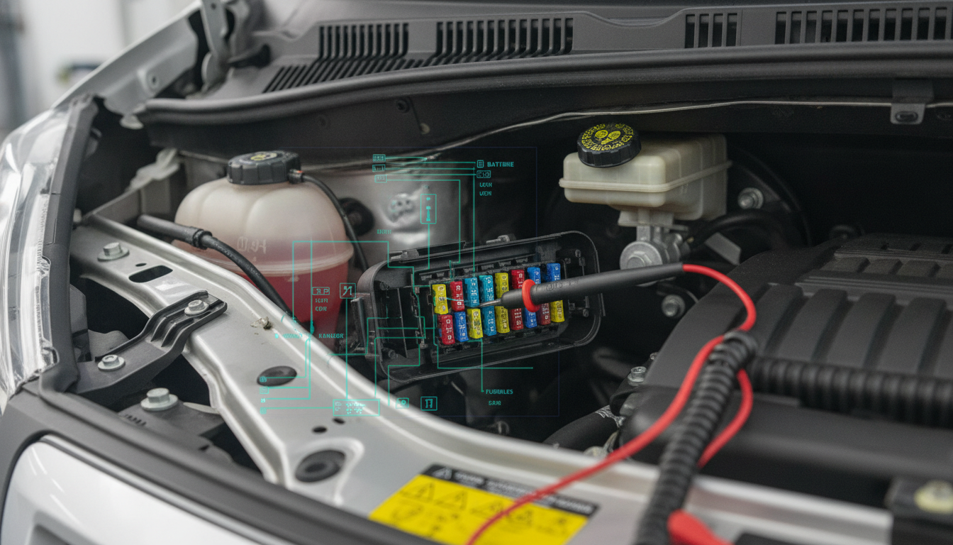 Electrical troubleshooting on a Peugeot Boxer using a wiring diagram and multimeter on the fuse box.