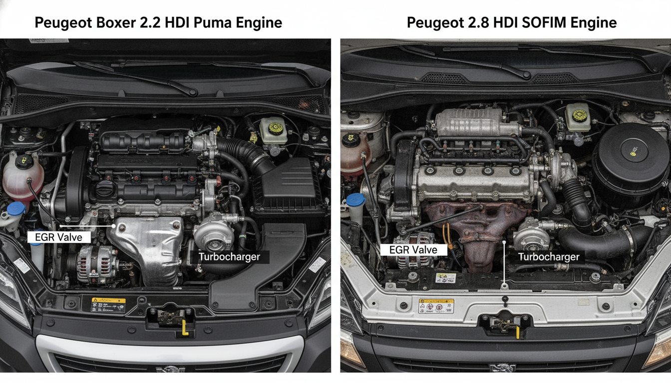 Comparison of Peugeot Boxer 2.2 HDi and 2.8 HDi engine layouts for manual selection.