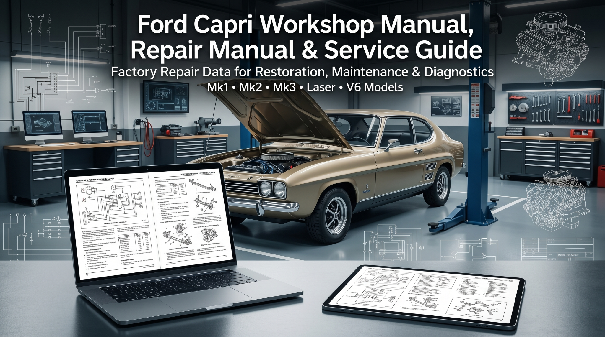 Digital Ford Capri workshop manual PDF displayed on laptop screen beside classic Ford Capri restoration project