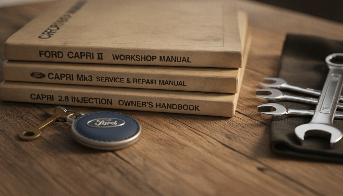 Selection of Ford Capri repair manuals for Mk2 Mk3 and 2.8 Injection models on workbench