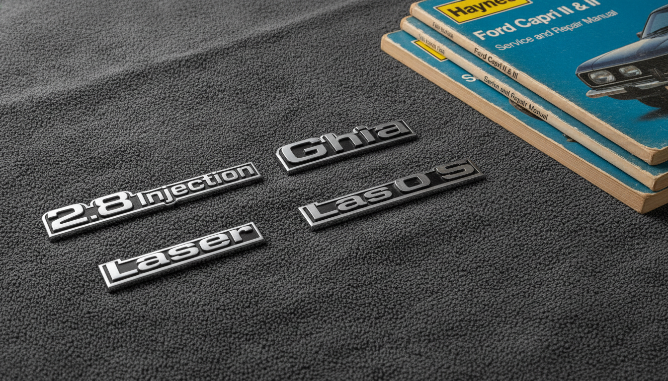Ford Capri trim badges for Laser Ghia and 2.8 Injection with corresponding service manuals