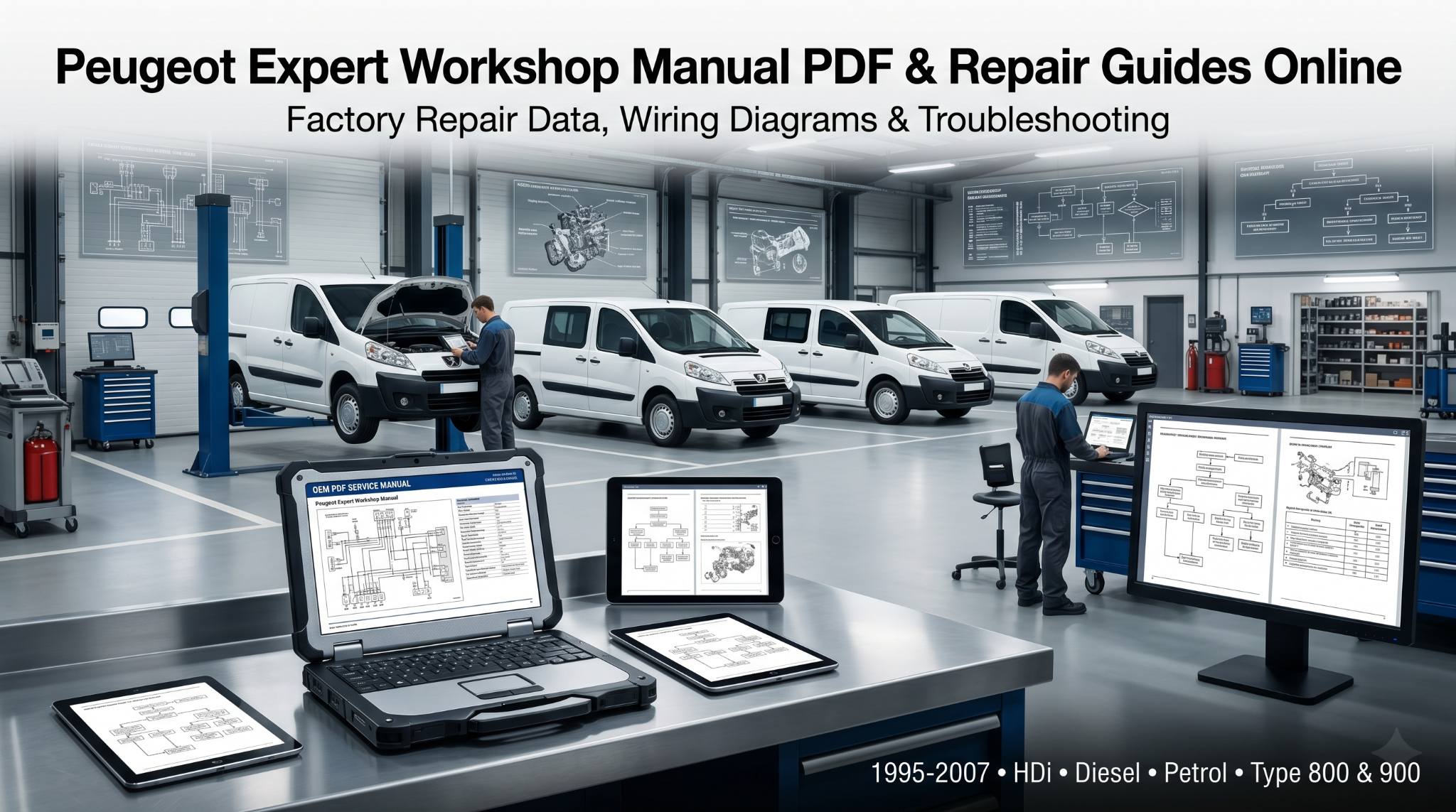 digital Peugeot Expert workshop manual PDF displayed on multiple screens with first-generation Peugeot Expert vans in a professional fleet maintenance workshop setting