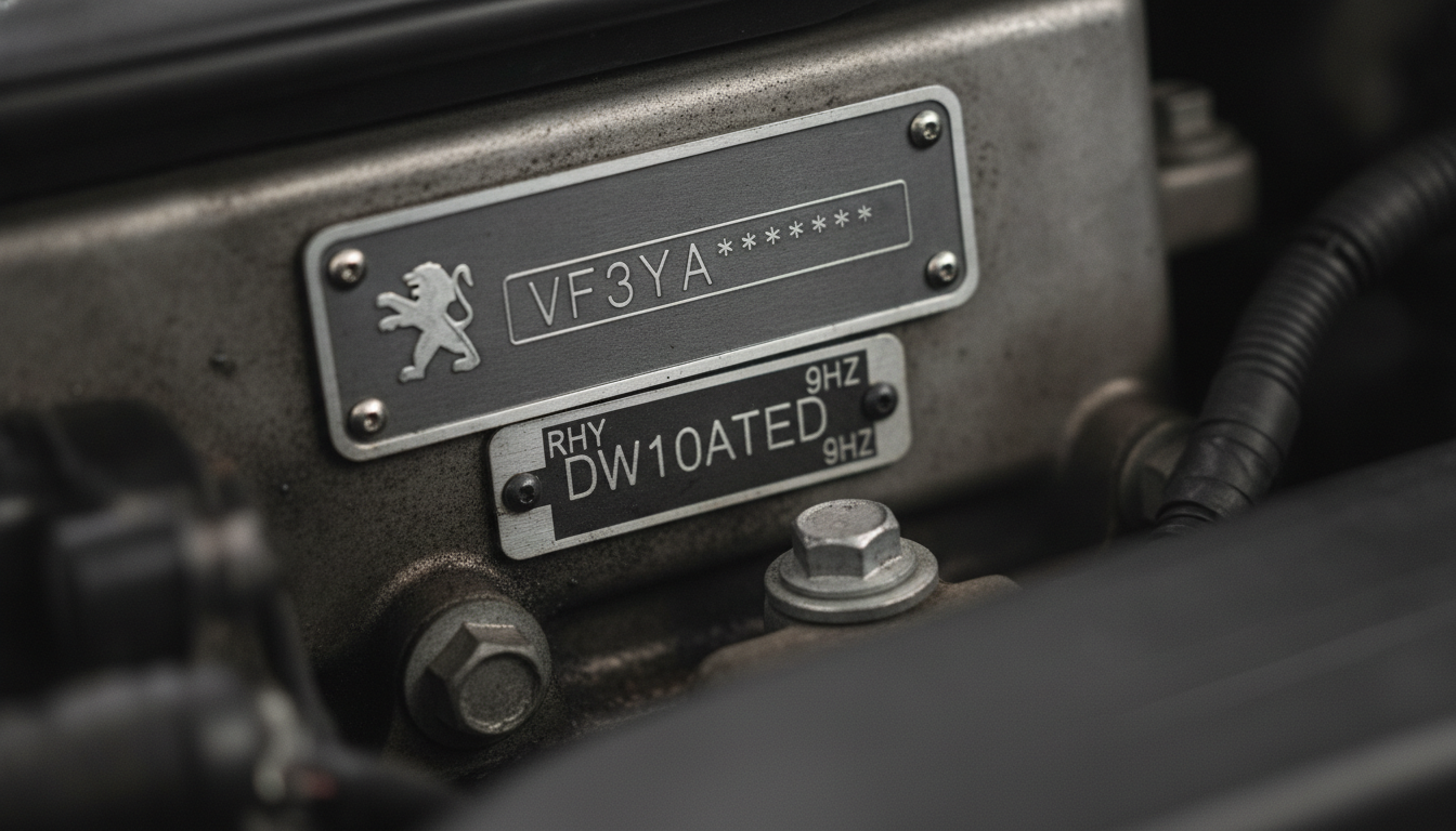 Close-up of a Peugeot Expert engine code plate used to identify the correct DW10ATED or DW8B workshop manual.