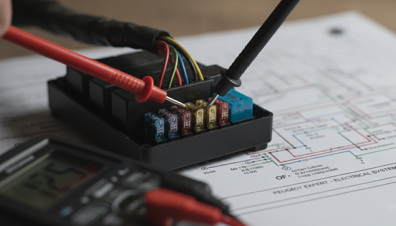 Electrical troubleshooting on a Peugeot Expert using a wiring diagram and multimeter to test relays and fuses.