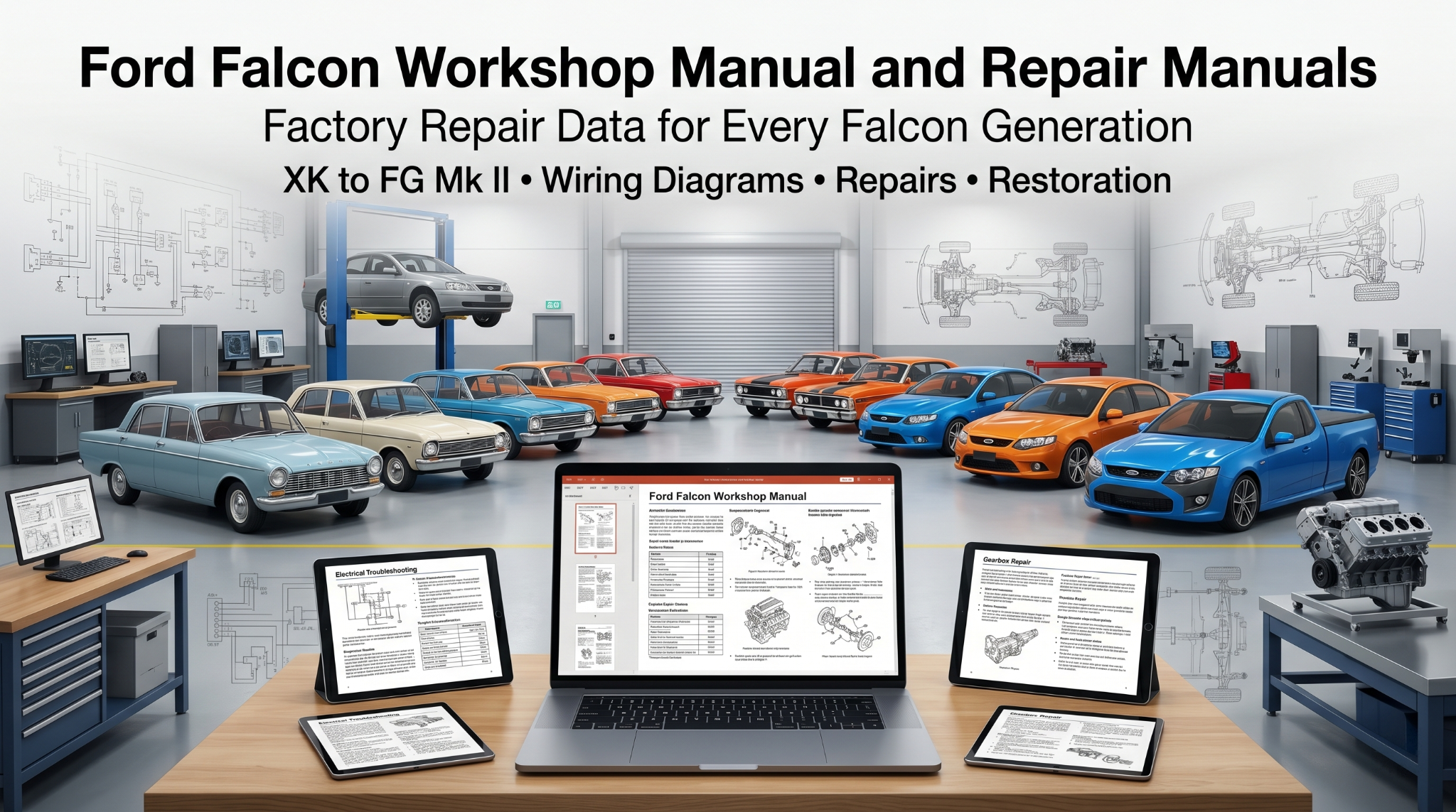 Digital Ford Falcon workshop manuals displayed on laptop screens with classic and modern Ford Falcon models in professional workshop setting
