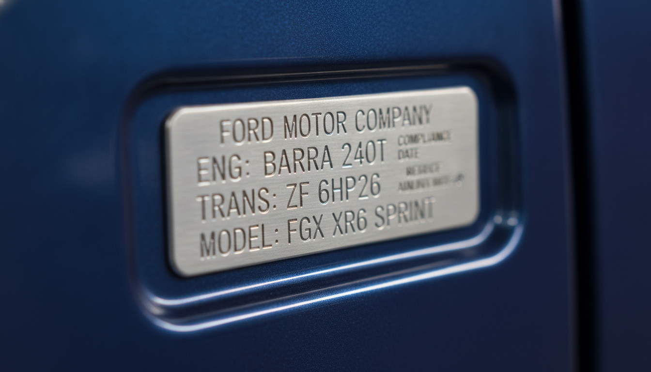 Close-up of a Ford Falcon build plate showing engine and transmission codes used to identify the correct repair manual
