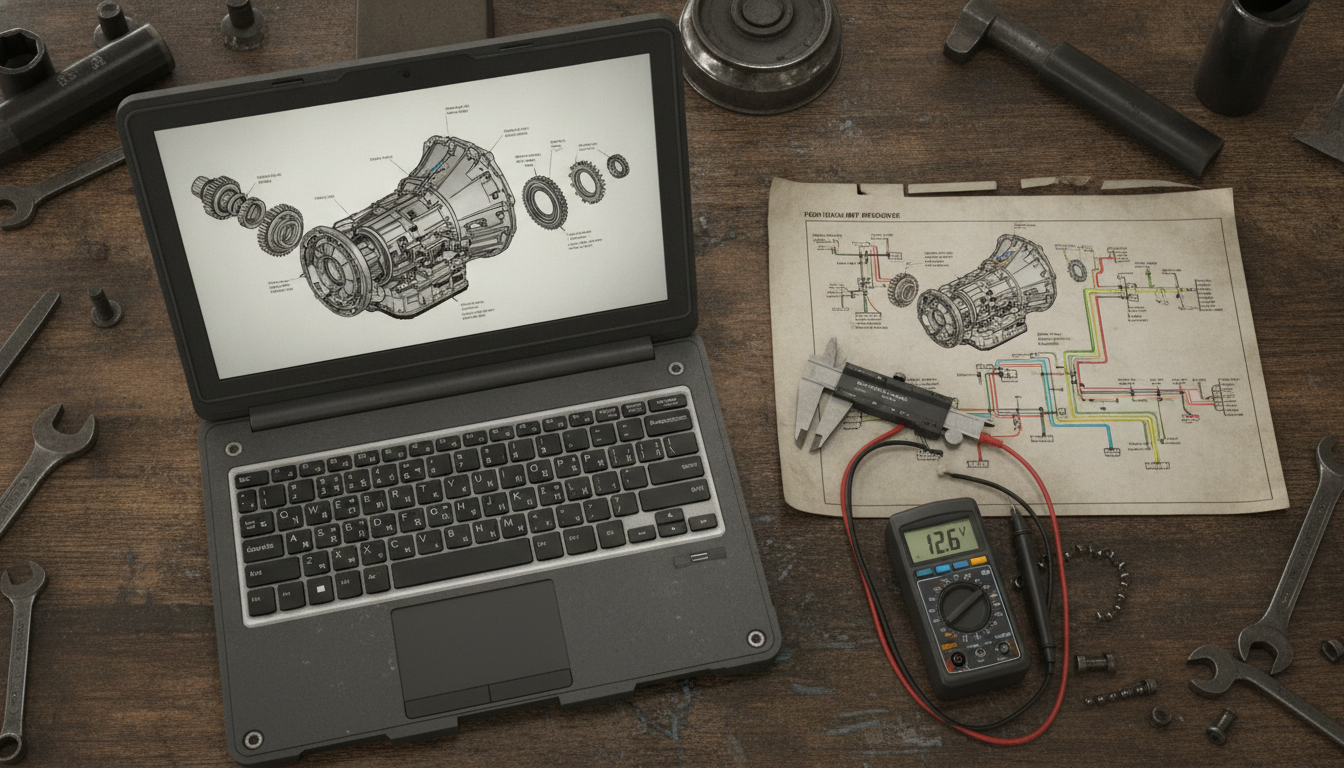 Digital and printed Ford Falcon service manual pages showing exploded gearbox diagrams and electrical wiring schematics