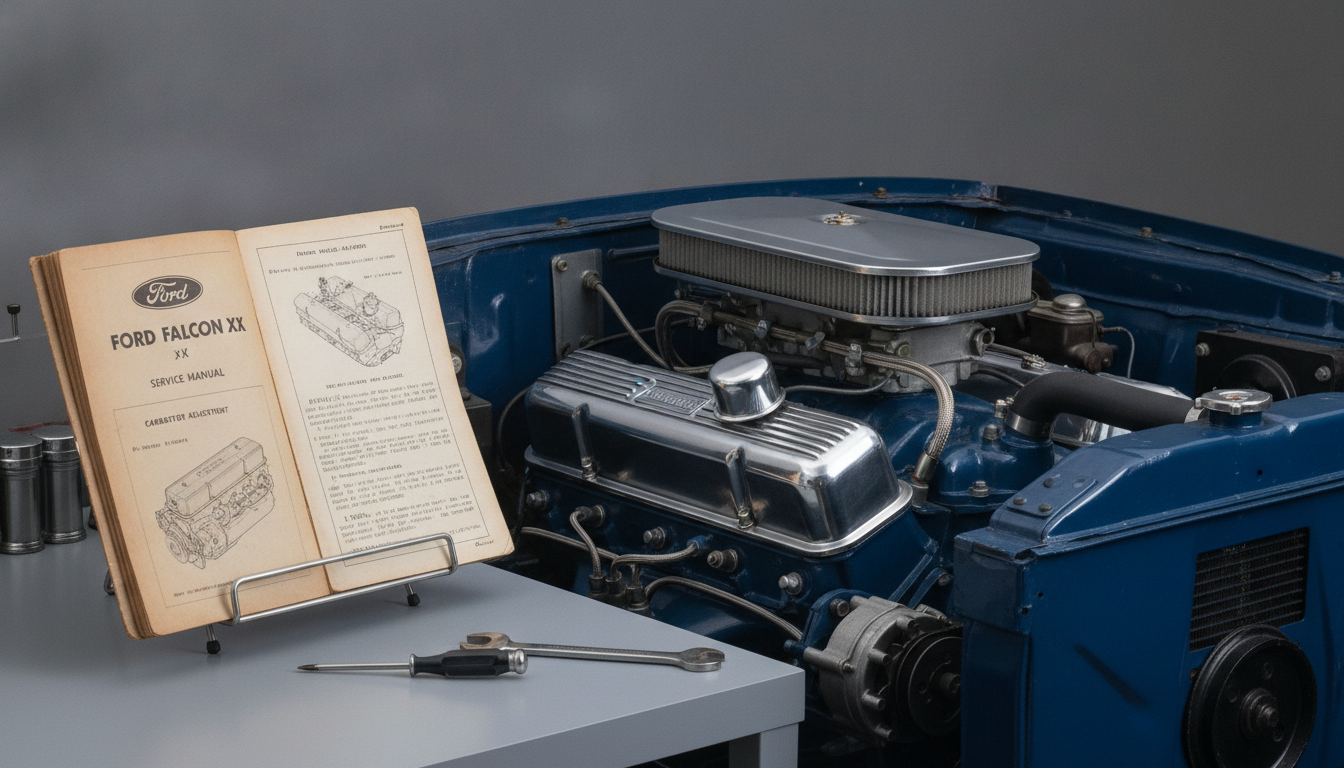 Classic Ford Falcon XK-XP engine bay with an open workshop manual focusing on carburetor and engine tuning