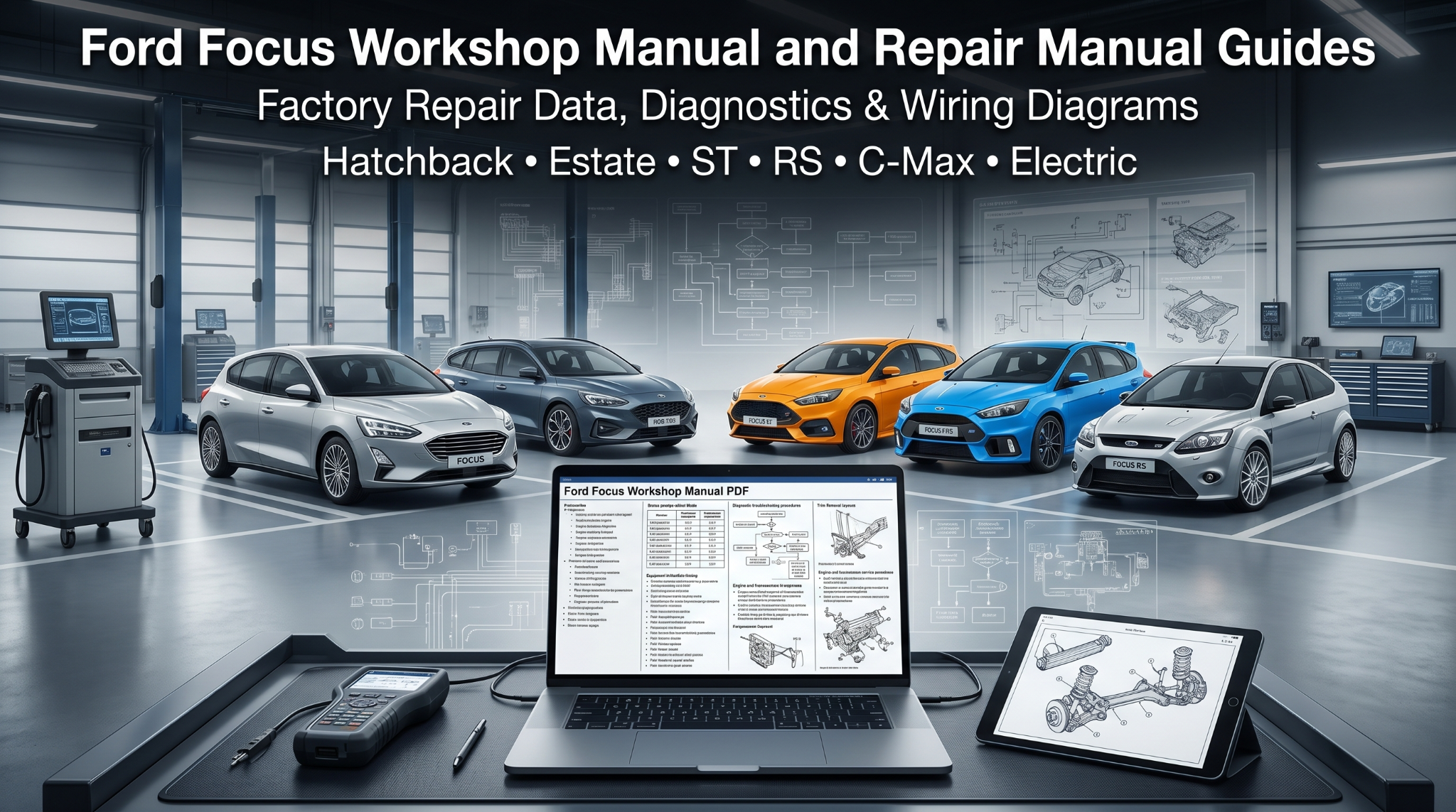Digital Ford Focus workshop manuals displayed on laptop screens with multiple Ford Focus models in a professional diagnostic workshop environment