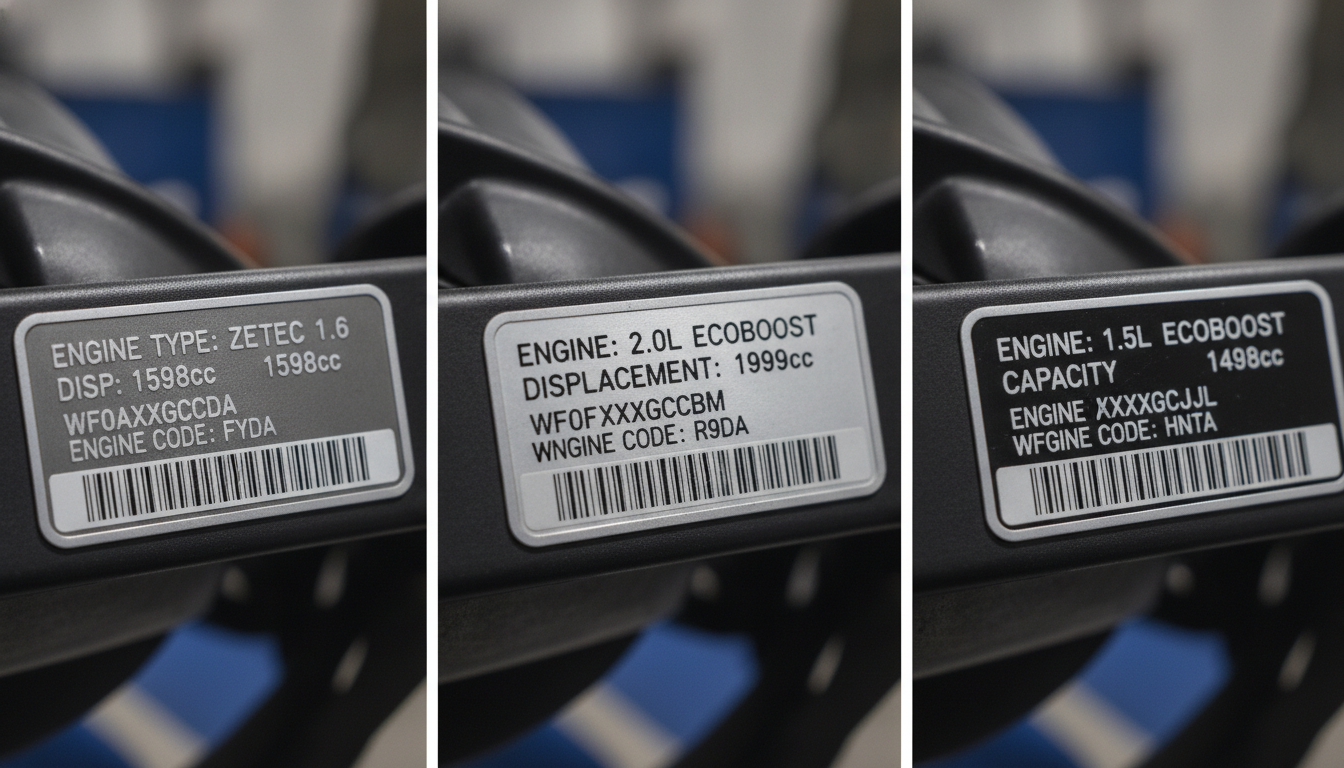 Comparison of Ford Focus engine identification plates and VIN labels to help find the correct service manual PDF
