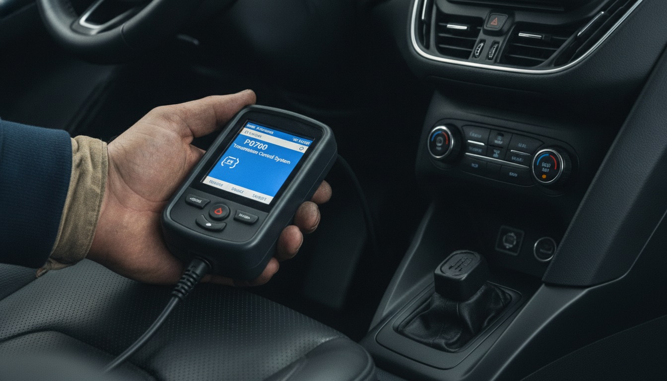 Ford Focus troubleshooting guide showing an OBDII scanner detecting PowerShift transmission and TCM fault codes