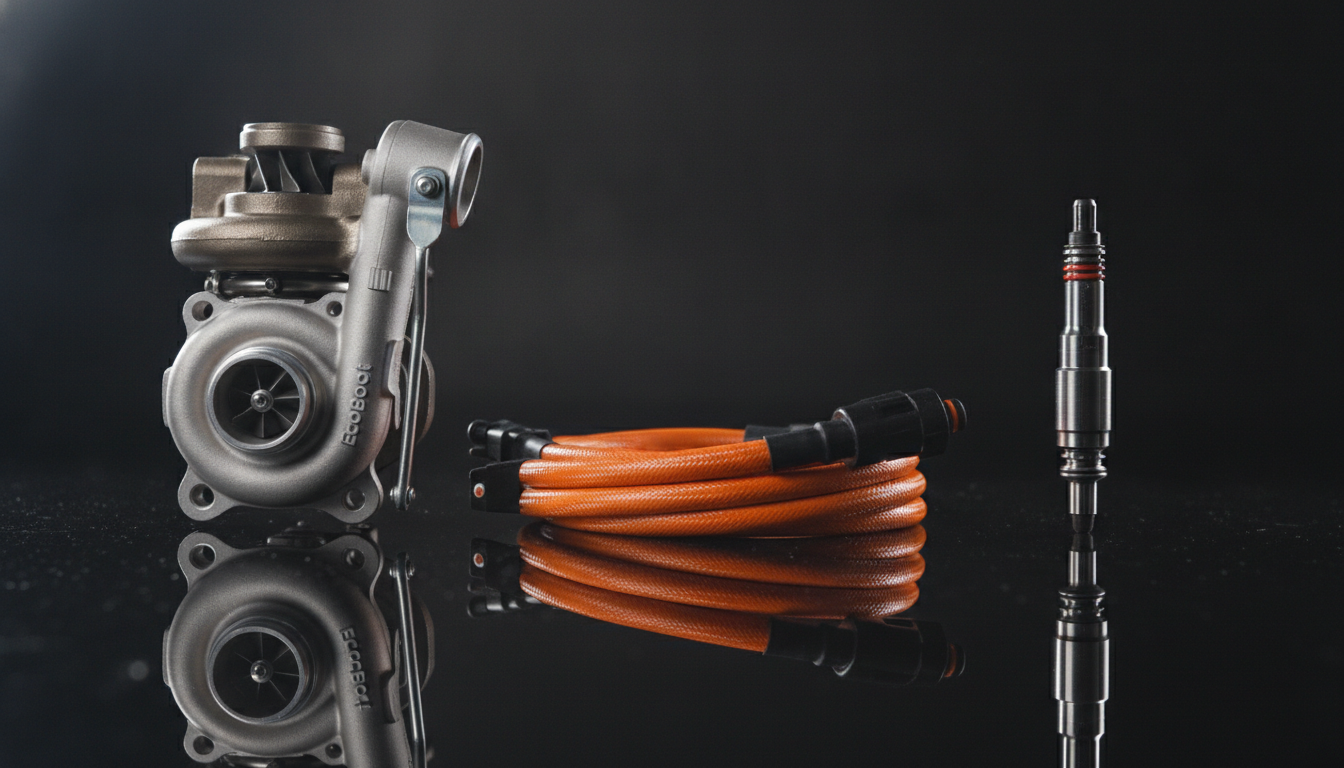 Various Ford Focus engine components including EcoBoost turbo and Focus Electric high-voltage parts representing different manual types