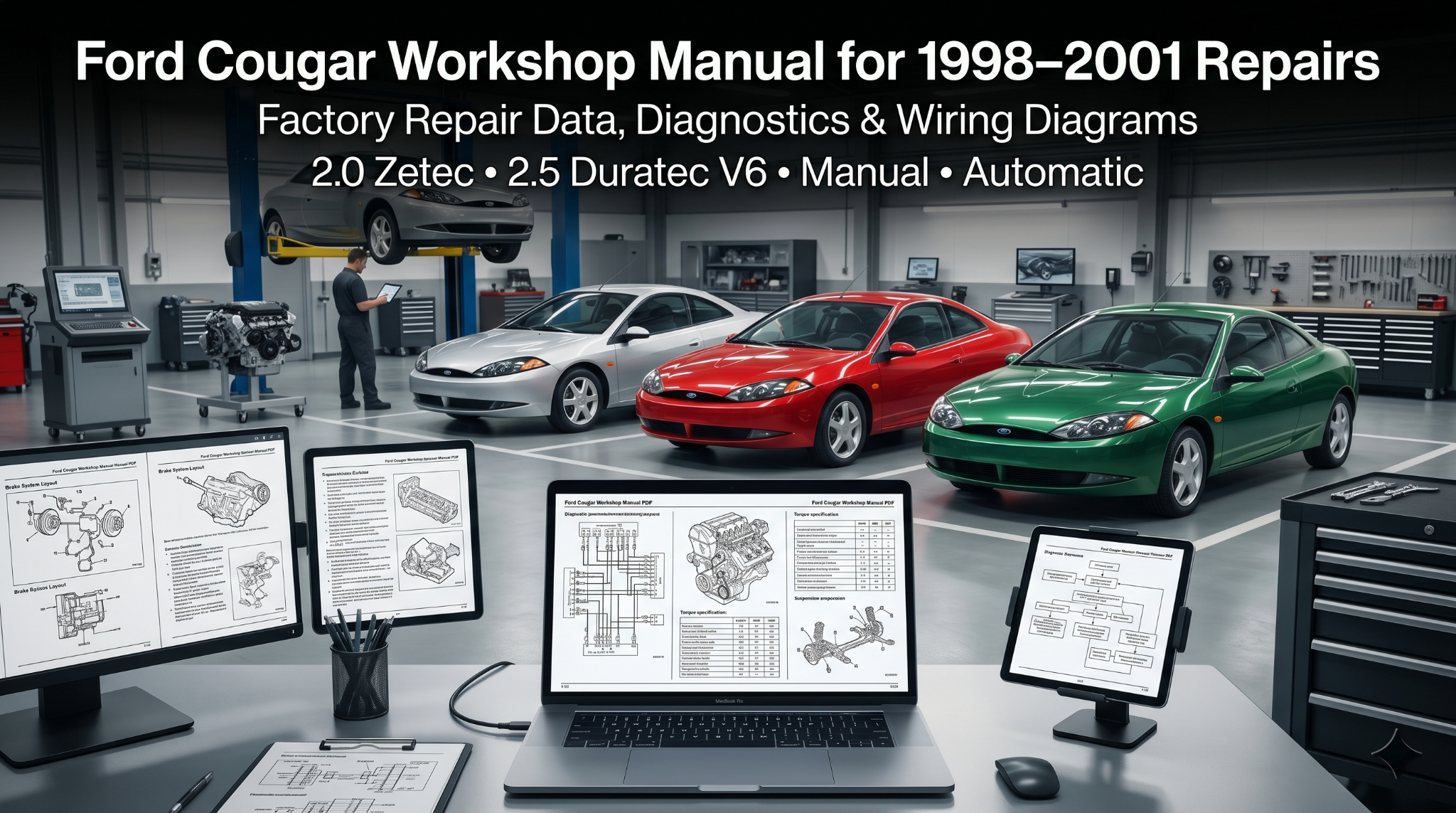 Ford Cougar manual PDF on screens in restoration workshop