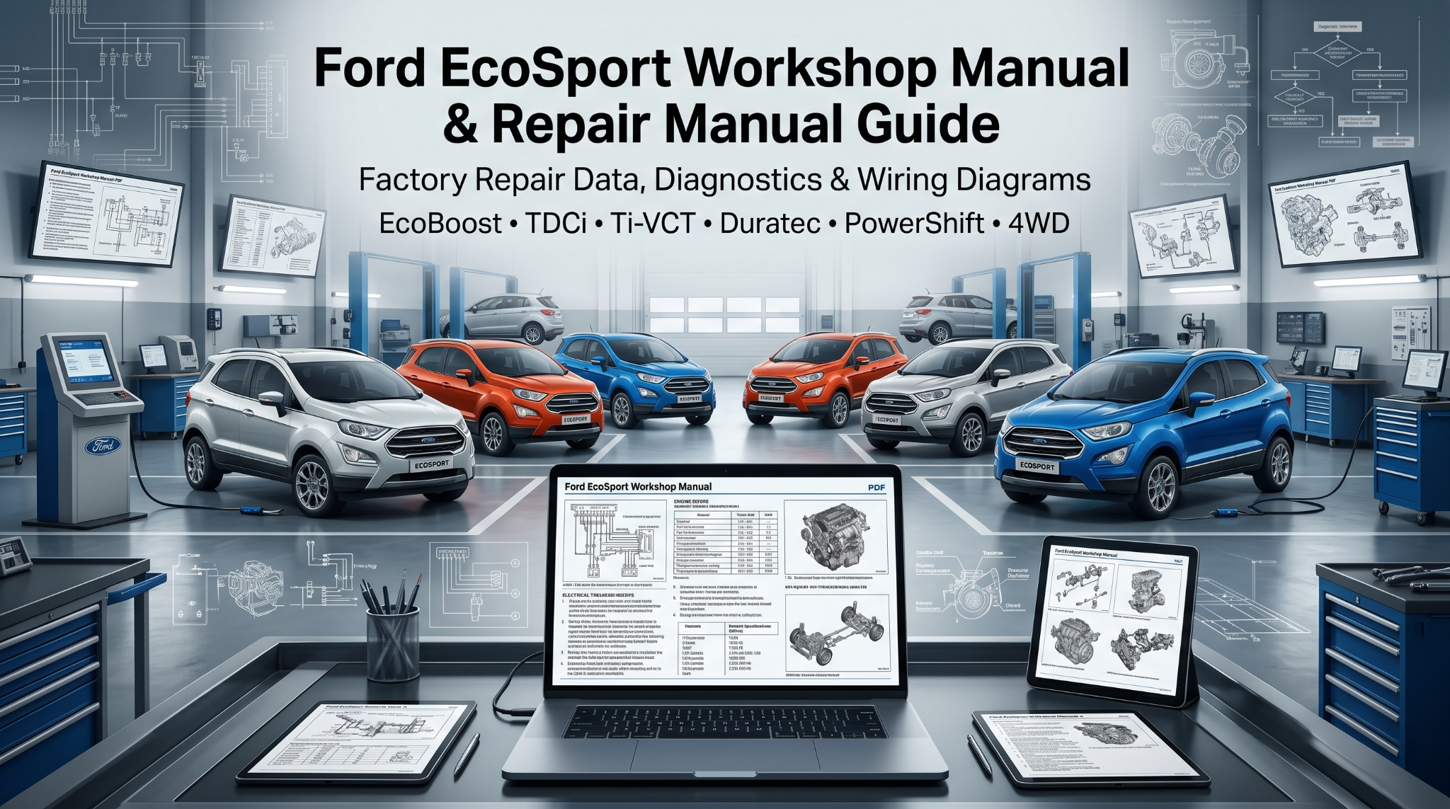 Ford EcoSport manual PDF on screens in diagnostic workshop