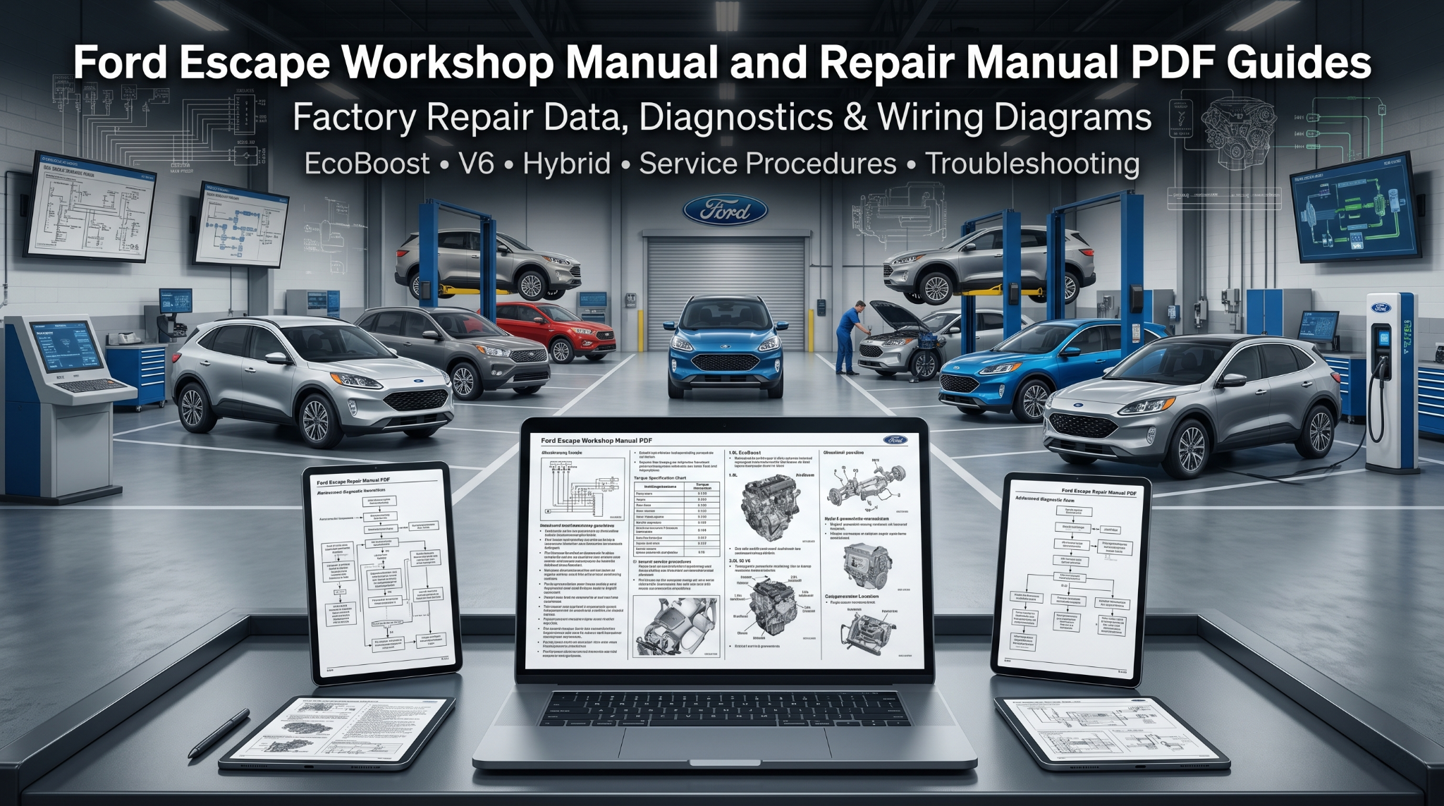 Ford Escape manual PDF on screens in diagnostic workshop