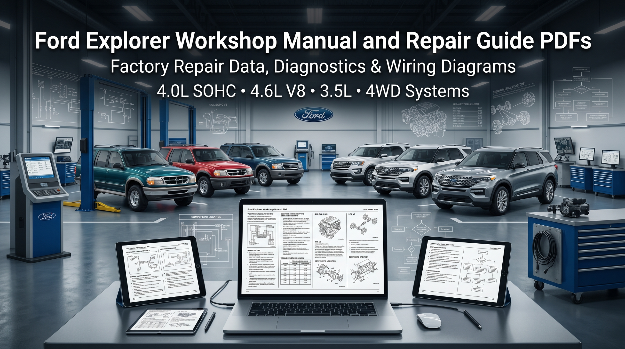 Ford Explorer manual PDF on screens in diagnostic workshop.