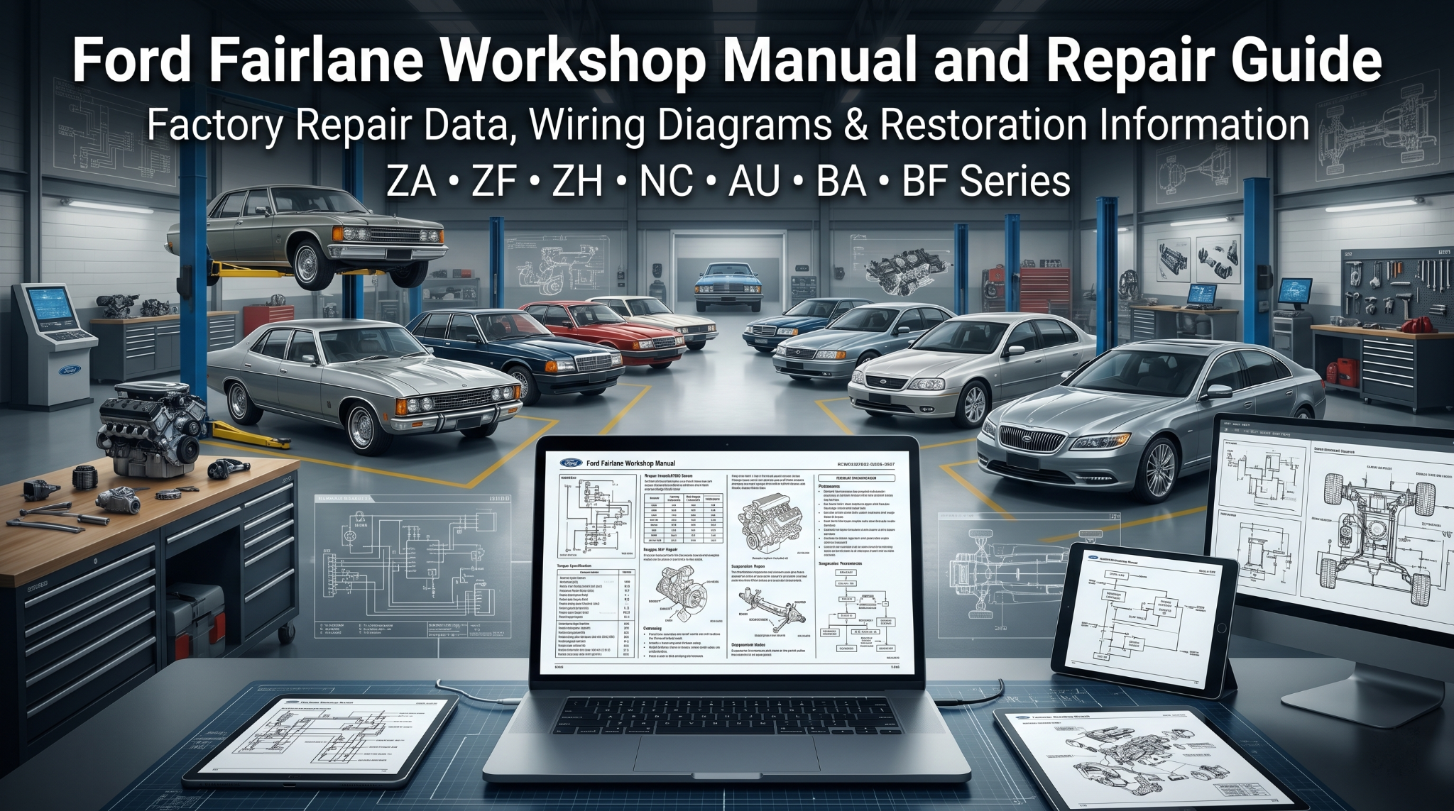 Ford Fairlane manual PDF on screens in restoration workshop.