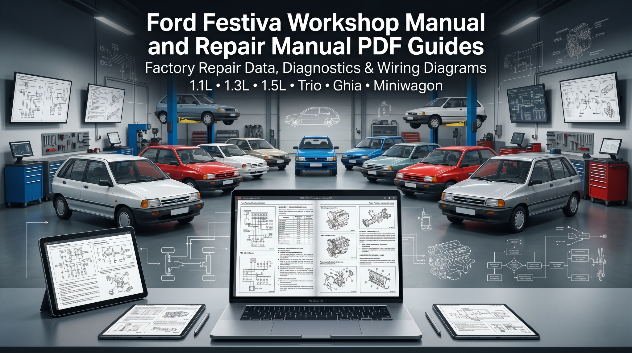 Ford Festiva manual PDF on screens in restoration workshop.