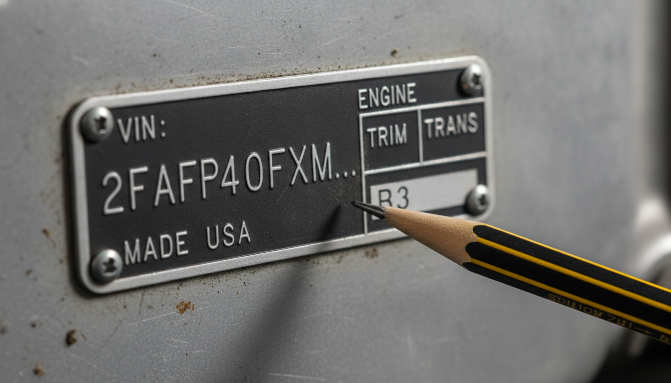 Ford Festiva VIN and trim plate for manual identification.