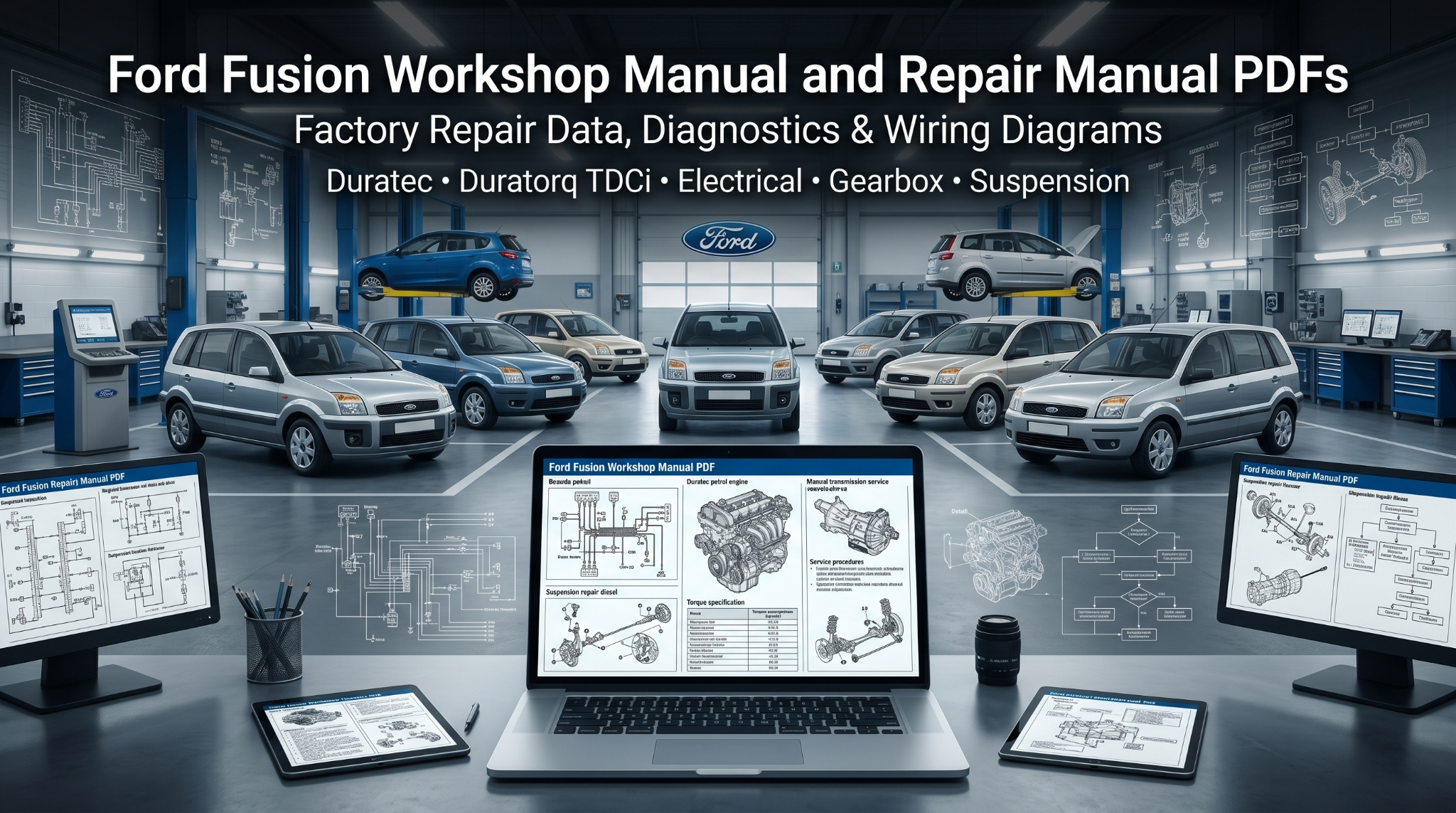 Ford Fusion manual PDF on screens in diagnostic workshop.