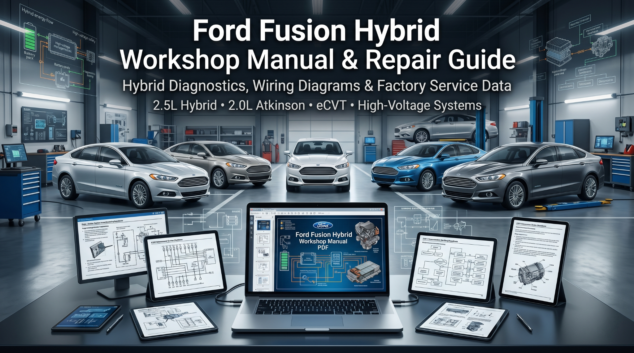Ford Fusion Hybrid manual PDF on screens in hybrid workshop.