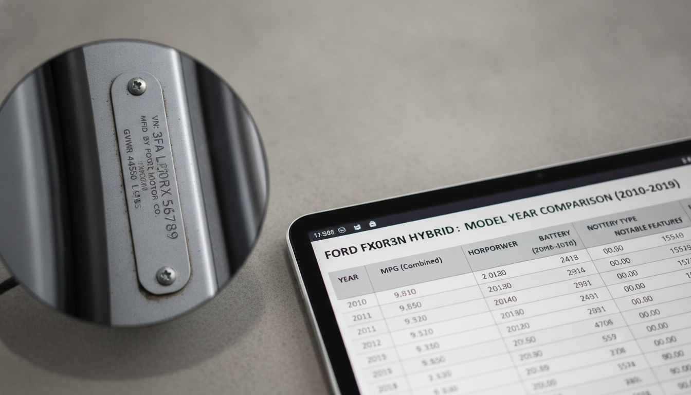 Ford Fusion Hybrid manual and VIN plate comparison.