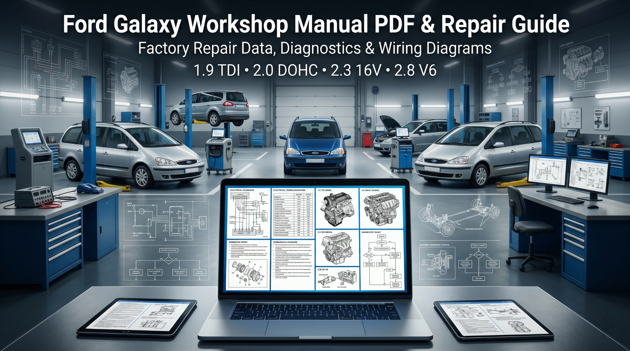 Ford Galaxy manual PDF on workshop screens with repair bays.