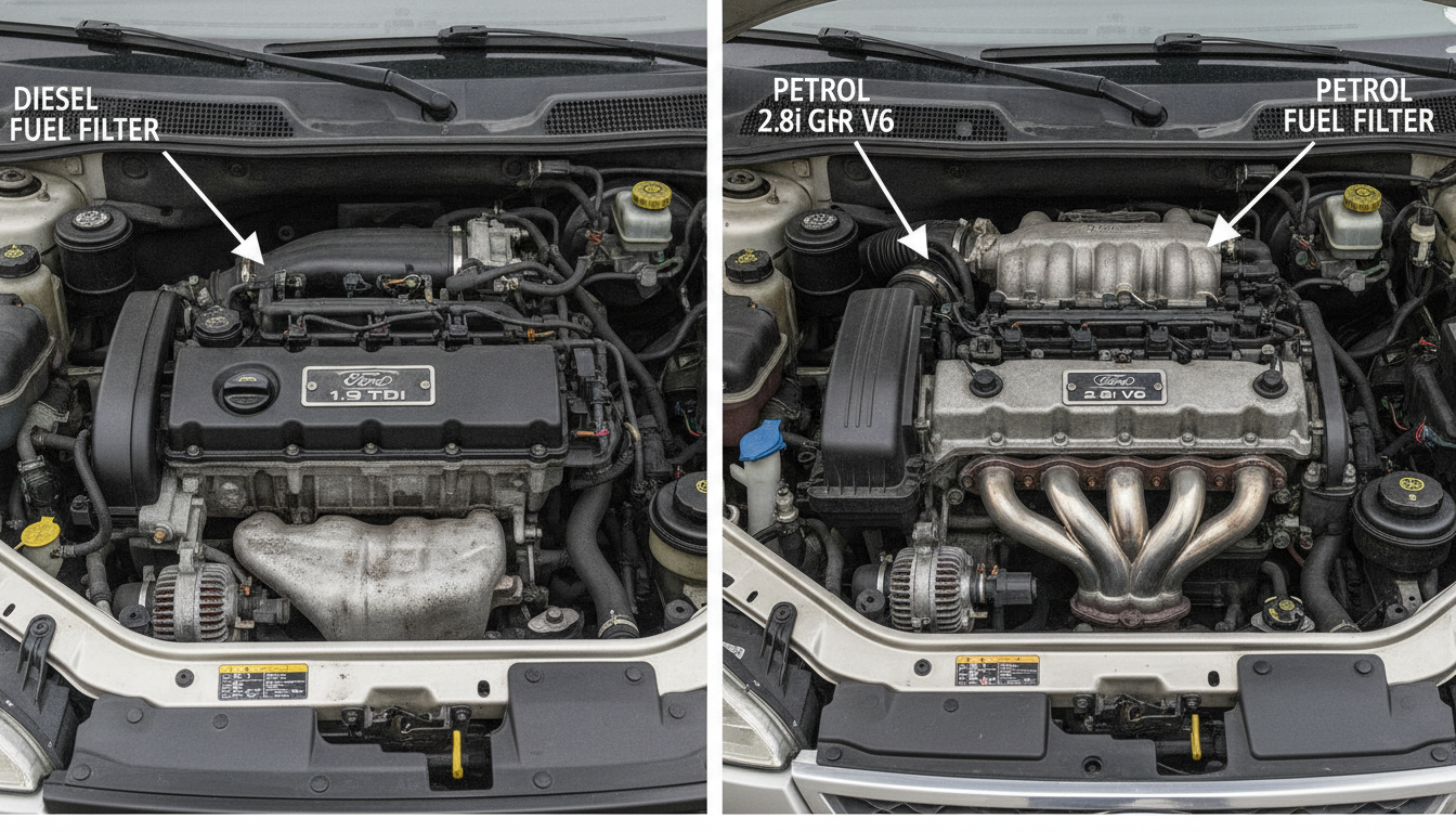 Ford Galaxy 1.9 TDI vs 2.8i V6 engine bays for manual selection.