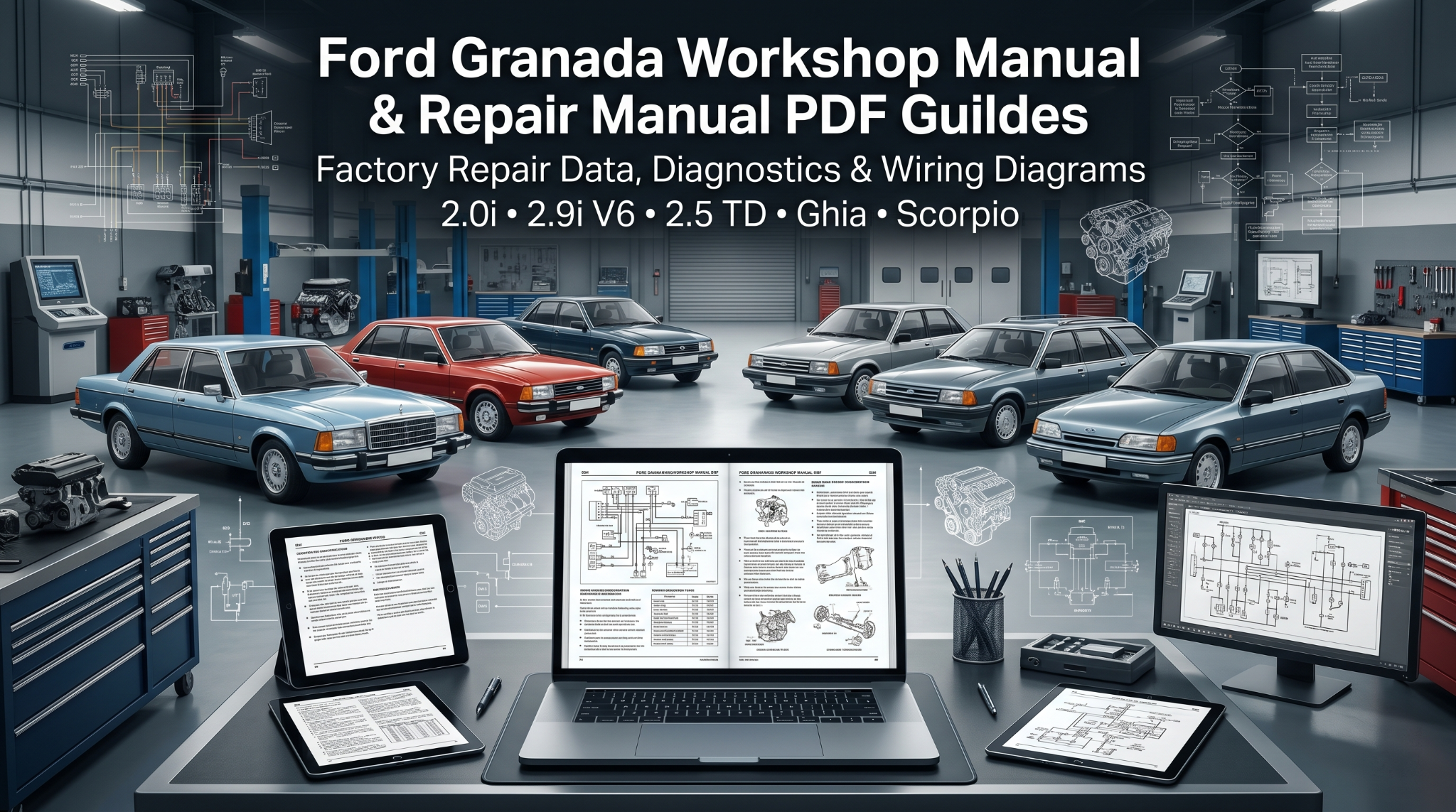 Ford Granada manual PDF on screens in restoration workshop.