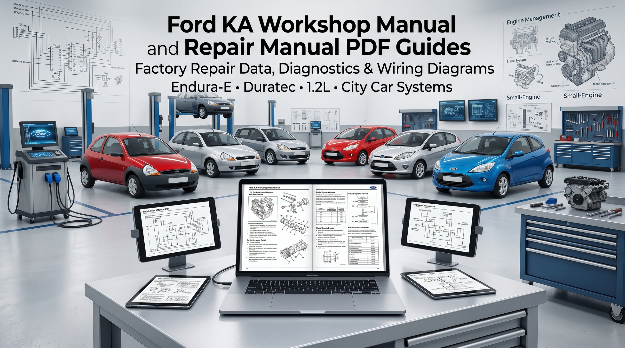 Ford KA manual PDF on workshop screens with city cars.
