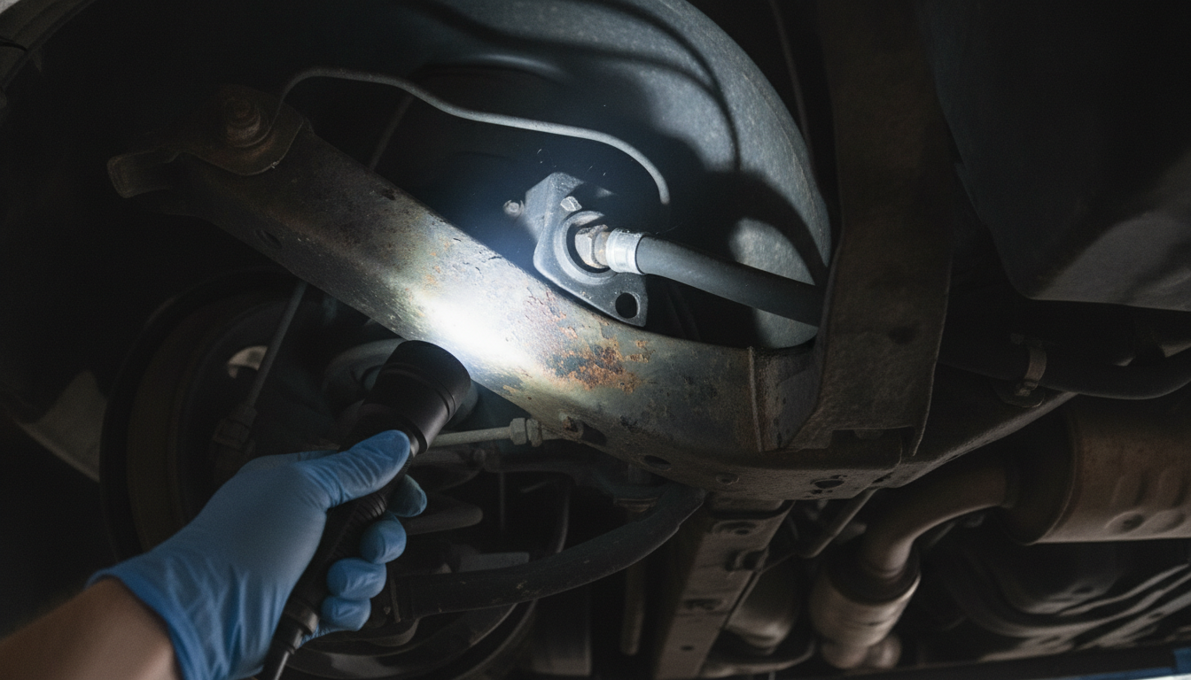 Inspecting Ford Orion rear chassis rust.